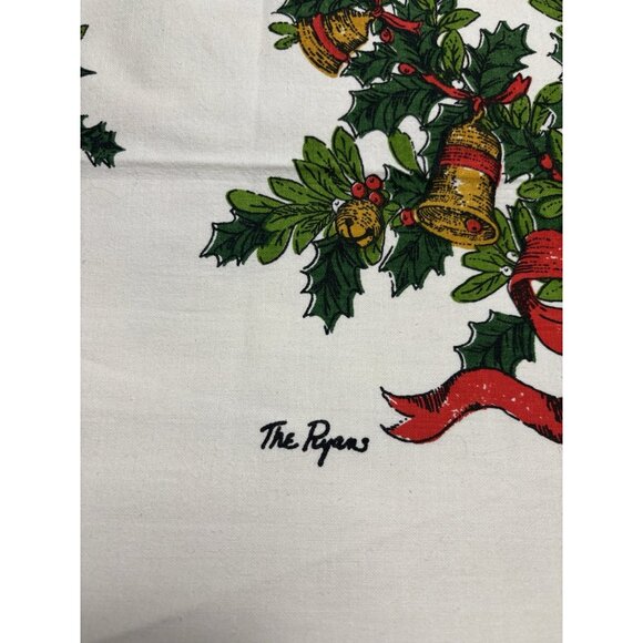 Vintage Christmas Printed Tablecloth Red Bows Ribbons Polka Dots 1950s Red Green - Picture 3 of 16